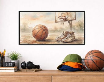 Quadro su tela con cornice opaca raffigurante una scena di basket.