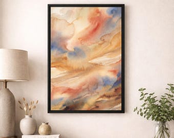 Quadro astratto su tela opaca con cornice, raffigurante un cielo bruciato ad acquerello.
