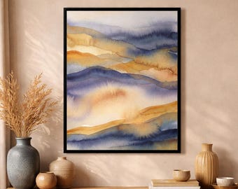 Acquerello astratto blu dorato, opera d'arte astratta incorniciata su tela opaca
