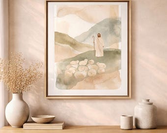 Quadro su tela con pastore e pecore, incorniciato.