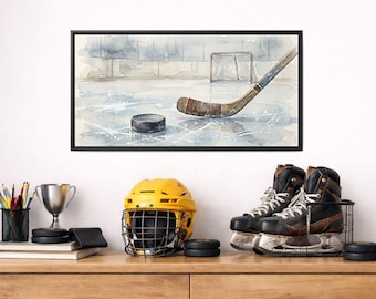 Quadro su tela opaca con mazza e disco da hockey / Acquerello raffigurante una pista di pattinaggio.
