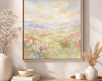 Quadro su tela con cornice opaca raffigurante un prato fiorito ad acquerello.
