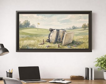 Quadro su tela con cornice opaca raffigurante un carrello da golf sul fairway.
