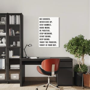 Black and white motivational wall art featuring quotes like Stay Humble, Be Positive, Stop Wishing – Inspirational decor for home office, living room, or gym.