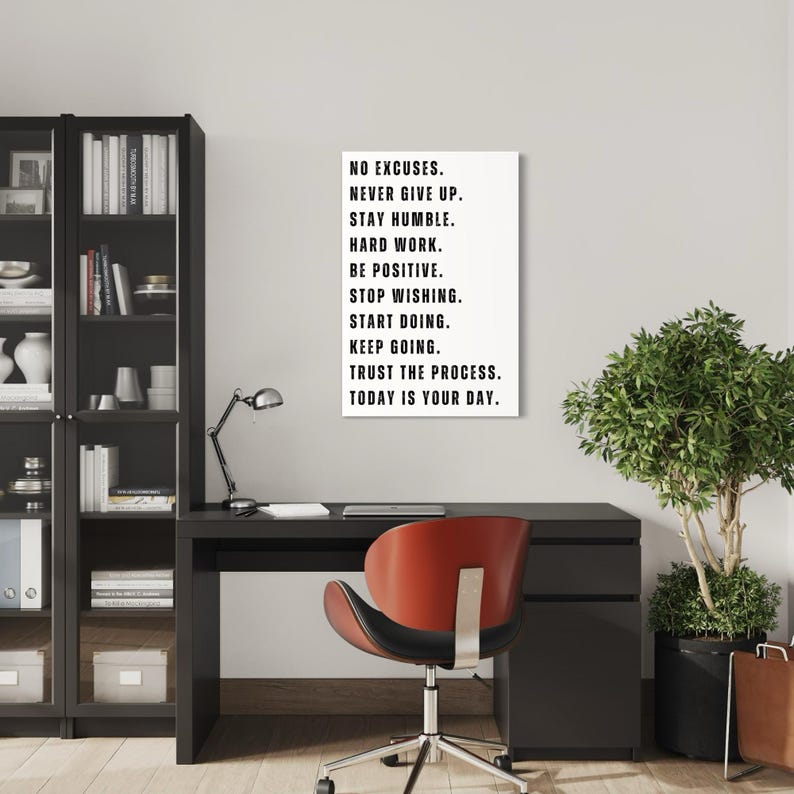 Black and white motivational wall art featuring quotes like Stay Humble, Be Positive, Stop Wishing – Inspirational decor for home office, living room, or gym.
