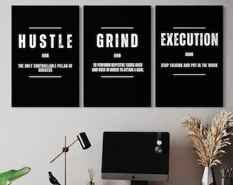 Motivational Wall Art Set - Inspirational Posters for Success - Entrepreneur Inspiration WallArt - Hustle Grind Execution Motivation Quotes