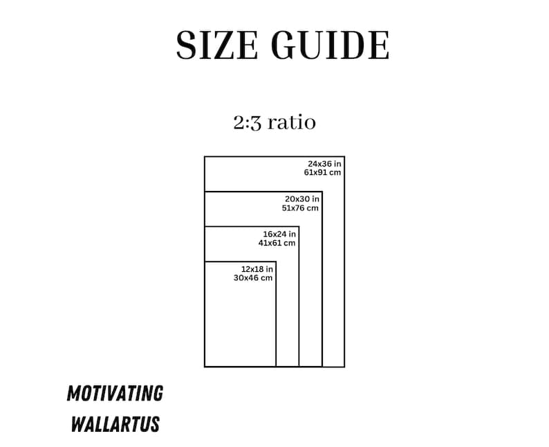 Puede incluir: Una gu&iacute;a de tallas para impresiones de arte de pared con una proporci&oacute;n de 2:3. La gu&iacute;a muestra cuatro tama&ntilde;os diferentes en pulgadas y cent&iacute;metros: 12x18 pulgadas (30x46 cm), 16x24 pulgadas (41x61 cm), 20x30 pulgadas (51x76 cm) y 24x36 pulgadas (61x91 cm).