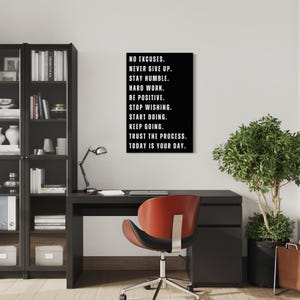 Black and white motivational quote print with the words Trust the Process, Start Doing, Keep Going Inspirational wall art for entrepreneurs, gymgoers, or home office decor.