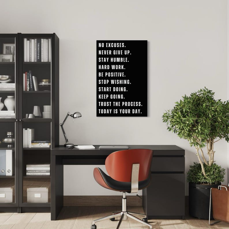 Black and white motivational quote print with the words Trust the Process, Start Doing, Keep Going Inspirational wall art for entrepreneurs, gymgoers, or home office decor.