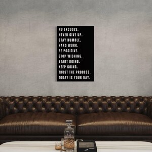 Inspiring motivational wall art print with strong typography featuring phrases like No Excuses, Never Give Up, Stay Humble, Hard Work perfect for home office decor or gym motivation.