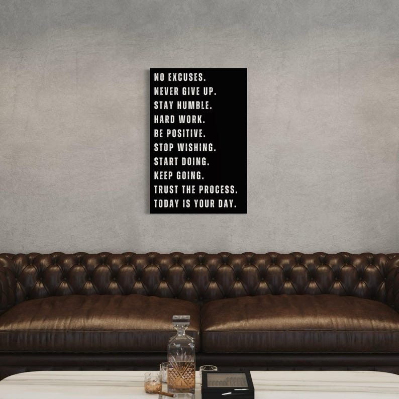 Inspiring motivational wall art print with strong typography featuring phrases like No Excuses, Never Give Up, Stay Humble, Hard Work perfect for home office decor or gym motivation.