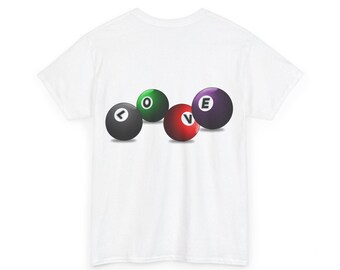 Modern billiard balls backprint T-shirt in 8-ball billiard streetwear style. Inscription: Love