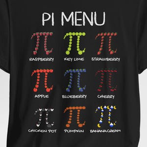 May include: Black t-shirt with a white graphic of a pi symbol made of different fruits and the text "PI MENU" above the graphic. The graphic shows nine different pi symbols, each made of a different fruit, with the name of the fruit below each symbol. The fruits are raspberry, key lime, strawberry, apple, blueberry, cherry, chicken pot, pumpkin, and banana cream.