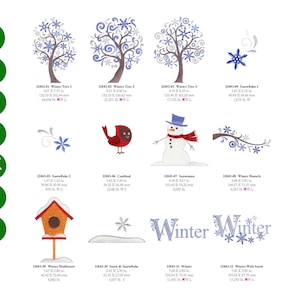 Op de afbeelding: Een verzameling van 12 winter-borduurontwerpen. De ontwerpen omvatten gestileerde bomen met sneeuwvlokken, een kardinaal, een sneeuwpop en het woord "Winter" met sneeuwvlokaccenten. De ontwerpen zijn in verschillende formaten.