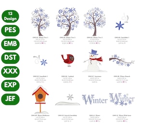 Winter-Themed Machine Embroidery Design Set, Snowman Cardinal Tree Birdhouse Branch Snowflake