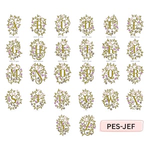 Puede incluir: Imagen del alfabeto bordado, cada letra rodeada de un diseño floral. Las letras son doradas y las flores rosas y blancas. La imagen incluye el texto "PES-JEF".
