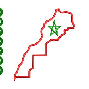 Op de afbeelding: Een rode omtrek van de Marokko-kaart met een groene ster in het midden. De afbeelding bevat ook een reeks groene cirkels met tekstafkortingen: DST, DSB, EMB, PES, EXP, VP3 en HUS.