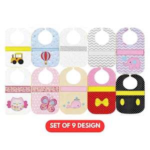 May include: A set of nine baby bibs with various designs. Each bib features a different pattern or graphic, including a train, hot air balloon, chevron, owl, butterfly, whale, and bow. The bibs have a curved top for the neck and a rectangular bottom.