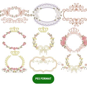 May include: A collection of embroidered designs in various shapes, including oval, rectangular, and circular frames. The designs feature floral and butterfly motifs, crowns, and bows, in shades of pink, gold, and cream. The text "PES FORMAT" is at the bottom.