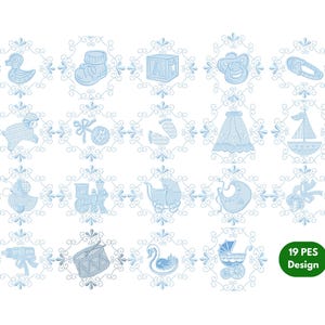 May include: A collection of 19 blue embroidery designs featuring baby-themed motifs. Designs include a duck, baby booties, a block, a pacifier, a safety pin, a lamb, a rattle, baby footprints, a skirt, a sailboat, a train, a stroller, a bib, a gift, a drum, a swan, and a baby carriage.