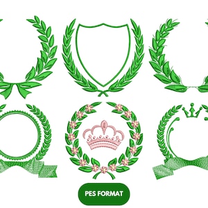 Puede incluir: Una colección de diseños de coronas de laurel y escudos bordados en verde. Algunos diseños incluyen cintas, coronas y detalles florales. La imagen también incluye el texto "PES FORMAT" en un óvalo verde.