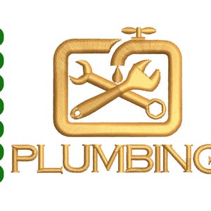 May include: Gold-colored embroidery design featuring a faucet, crossed wrenches, and a water droplet inside a square frame. The word "PLUMBING" is embroidered below. Green circles with text are on the left.