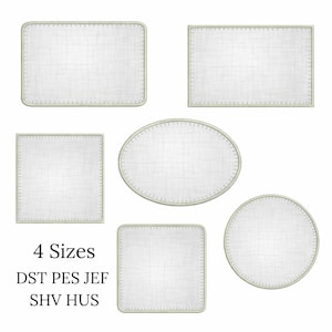 Puede incluir: Un conjunto de parches de tela blanca en varias formas: rectangular, cuadrada, ovalada y circular. Cada parche tiene un borde beige claro con un borde cosido. La imagen incluye el texto "4 Sizes" y abreviaturas de formatos de archivo.