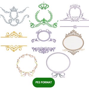 Könnte beinhalten: Eine Sammlung verzierter Stickmuster, darunter Kronen, Lorbeerkränze und ovale Rahmen. Die Designs sind in Gold, Silber, Grün und Lila gehalten und weisen aufwendige Details auf. Der Text "PES FORMAT" ist enthalten.