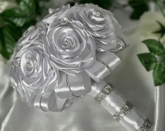 Bridal Eternal roses bouquet, ribbon roses bouquet.Fake flowers.wedding bouquet. Bride bouquet. Customized bride bouquet for wedding.