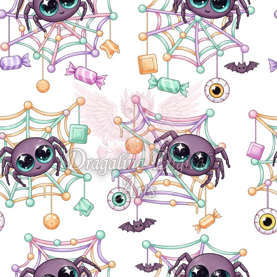 Cute Spider and Web Seamless Pattern, Kawaii Halloween Digital Paper ...