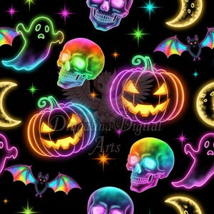 Neon Halloween Seamless Muster: Geist, Schädel, Fledermaus