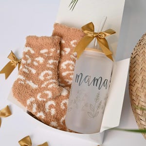 Mama Gift Box | Cozy Socks & Frosted Glass Cup with Straw | New Mom Gift | Mother’s Day Gift | Mom Birthday Box | Baby Shower Gift for Mom