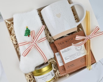 Cozy Christmas Gift Box | Holiday Gift Set with Mug, Candle, Socks & Tea | Secret Santa Gift