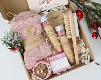 Rose Spa Geschenk-Set Handgefertigte Sojakerze, Badebombe & Salze, Weihnachtsgeschenk für Sie, Lavendel-Spa-Set