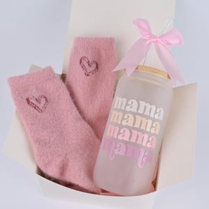 Mama Gift Box | Cozy Socks & Frosted Glass Cup with Straw | New Mom Gift | Mother’s Day Gift | Mom Birthday Box | Baby Shower Gift for Mom