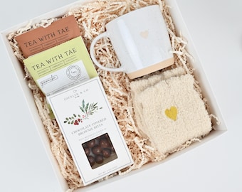 Cozy Tea Gift Box – Relaxation Care Package with Mug, Tea, Candied Pecans & Fuzzy Socks | Birthday, Get Well Soon, Thank You Gift for Her