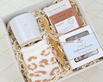Cozy Tea Gift Box: Mug, Fuzzy Socks & Candied Pecans - Self Care Package