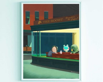 Hopper x The Roost - Retro Print, Edward Hopper Parody, Brewster Wall Art, The Roost Poster, Brewster, Nighthawk