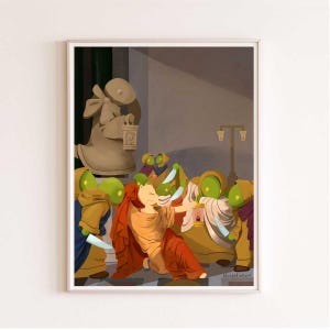 May include: A digital art print featuring a central light-colored creature in a red robe surrounded by several green-skinned figures in hooded cloaks holding knives and lanterns. A large stone statue stands in the background. Text reads bluepotionart.