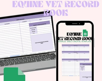 Può includere: Un modello digitale per un libro di registrazione veterinaria equina. Il modello è progettato per essere utilizzato con Google Sheets. L'immagine mostra un laptop con il modello aperto sullo schermo e un telefono con il modello aperto sullo schermo. Il modello include sezioni per informazioni generali sul cavallo, registri di vaccinazione, registri dentali, registri del maniscalco, registri medici e registri di terapia. Il modello include anche una sezione per incollare i documenti di registrazione.