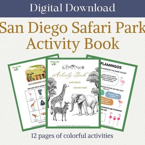 May include: A digital download activity book for kids featuring a black and white illustration of animals from the San Diego Safari Park. The book includes activities such as finding and circling animals, colouring, and counting.