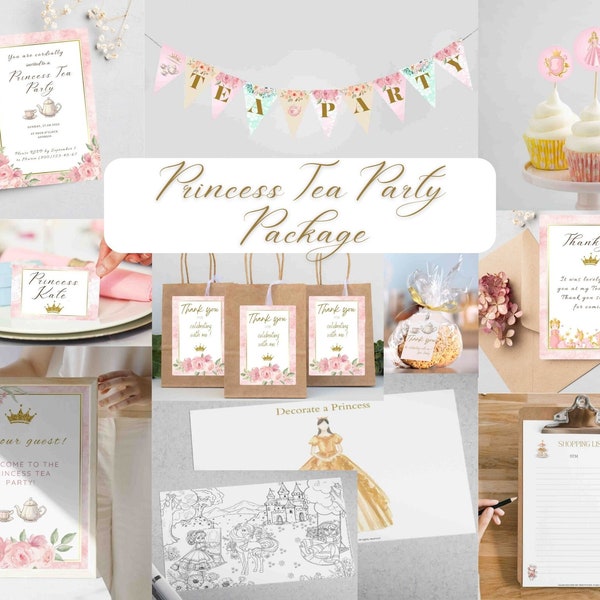 Tea Party Package, Princess Tea Party Package, Princess Tea Party Bundle, Tea Party Printables, Party Printable Digital Template