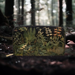 Petit portefeuille en cuir végétalien Forestcore Cottagecore foncé Witchy Botanical Fantaisie Gothique Compact Porte-cartes de crédit Organiseur Sac à main nature
