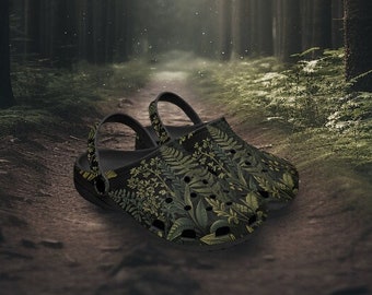 Cottagecore Gardener Shoes Moody Goblincore Black Botanical Clogs Shoes Dark Academia Vintage Apothecary Herbs & Plants Eclectic Maximalist