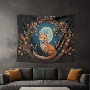 Dark Academia Cottagecore Fox Floral Tapestry Witchy Forestcore Full Moon Indoor Wall Art Goth Wildflowers Dorm Decor Goblincore Aesthetic