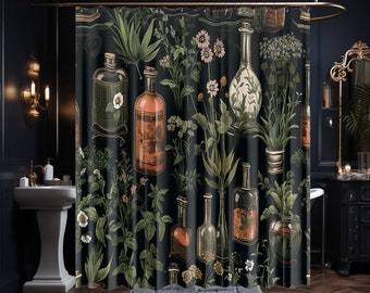 Dark Botanical Shower Curtain Goblincore Vintage Apothecary Cottagecore Dark Academia Herbs Plants Moody Décor Eclectic Bathroom Maximalist