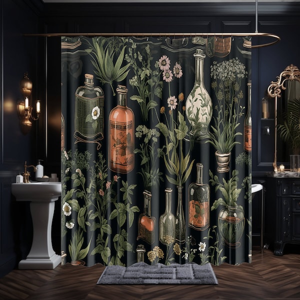 Dark Botanical Shower Curtain Goblincore Vintage Apothecary Cottagecore Dark Academia Herbs Plants Moody Décor Eclectic Bathroom Maximalist