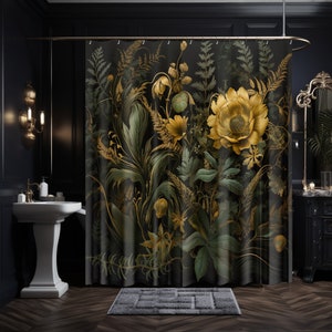 Dark Academia Cottagecore Gold Shower Curtain Goblincore Vintage Apothecary Herbs Plants Moody Décor Eclectic Bathroom Maximalist Botanical