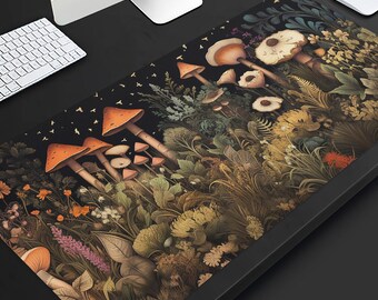 May include: A whimsical illustration of a forest scene with orange mushrooms and various green plants on a black background. The mushrooms are arranged in a row, with the largest one in the center. The plants are in various shades of green, with some flowers in pink and purple.
