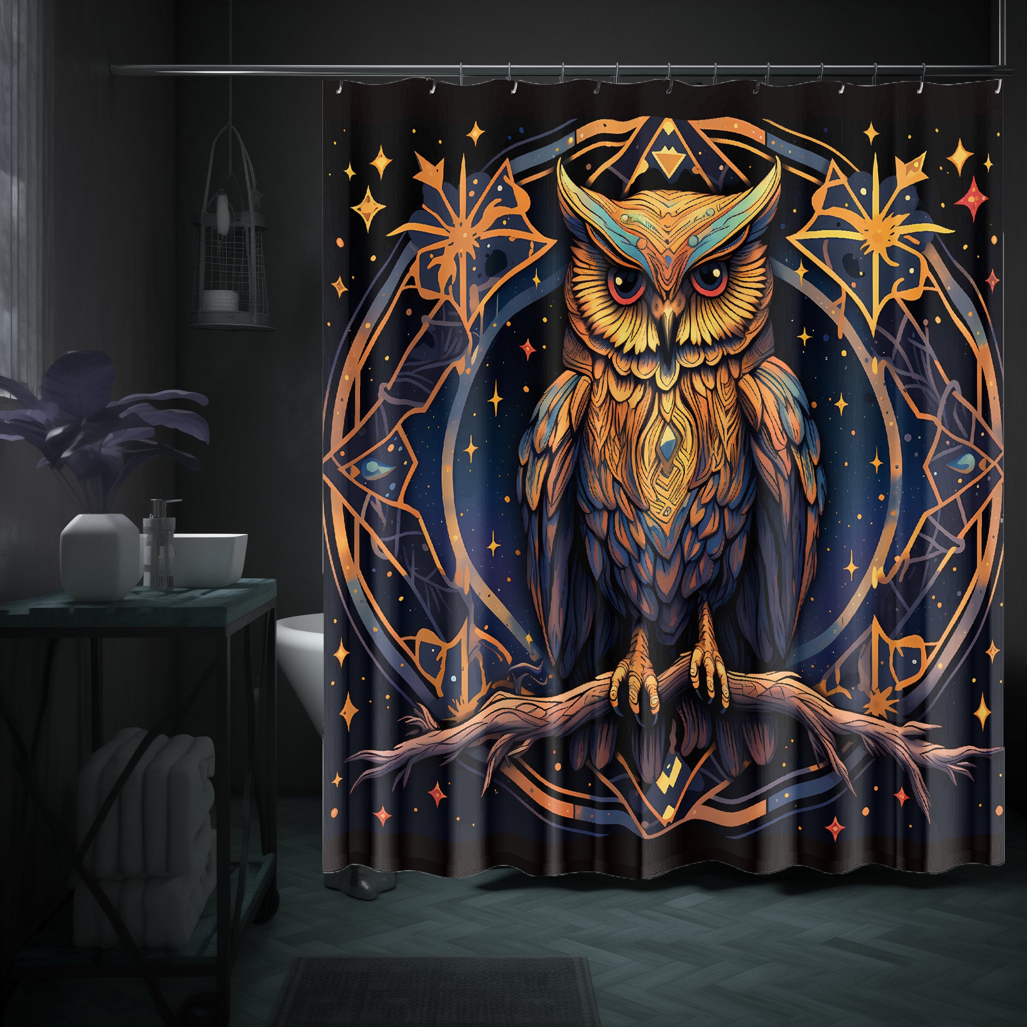 Dark Academia Owl Shower Curtain: Botanical Goblincore Bathroom Decor